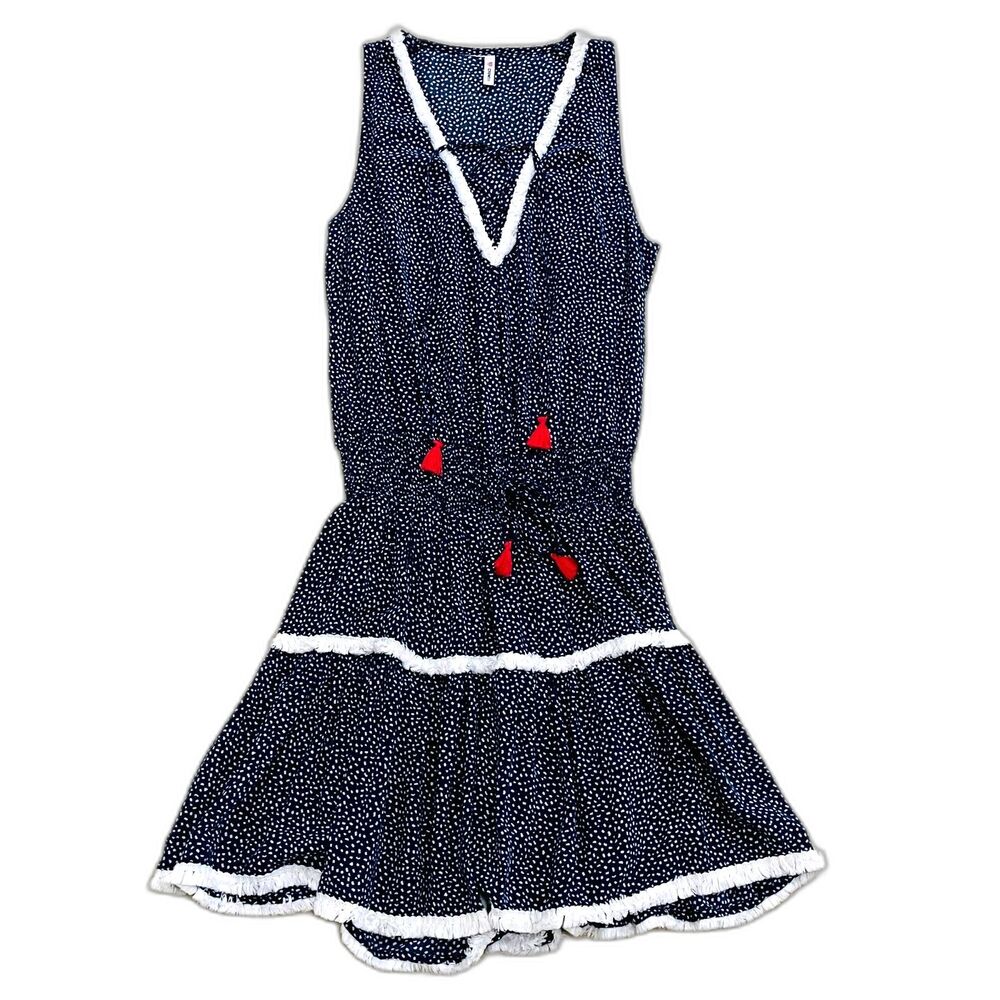 Cremieux Womens Sz XS Sleeveless Polka Dot Ruffle Blouson Tassel V-Neck Dress